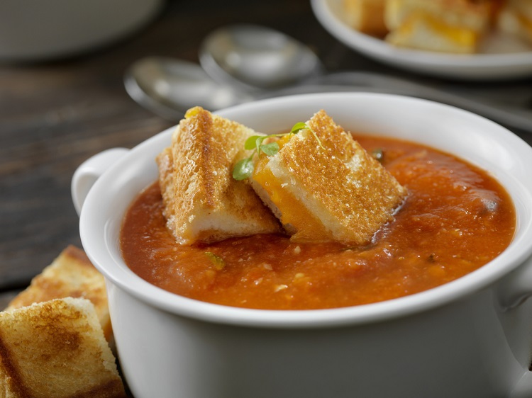 Roasted Tomato, Garlic and Basil Soup with Grilled Cheese Croutons