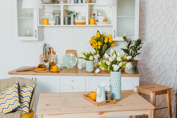 Wood table top on blurred kitchen background